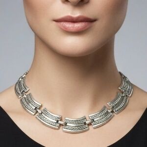 Silver Tone Articulated Choker Necklace Featuring Textured Panels